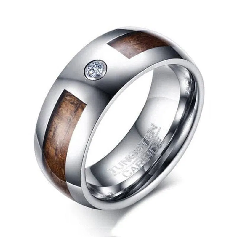 Wood Inlay Men's Tungsten Carbide Wedding Band with Diamond