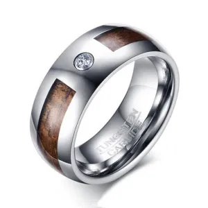 Wood Inlay Men's Tungsten Carbide Wedding Band with Diamond