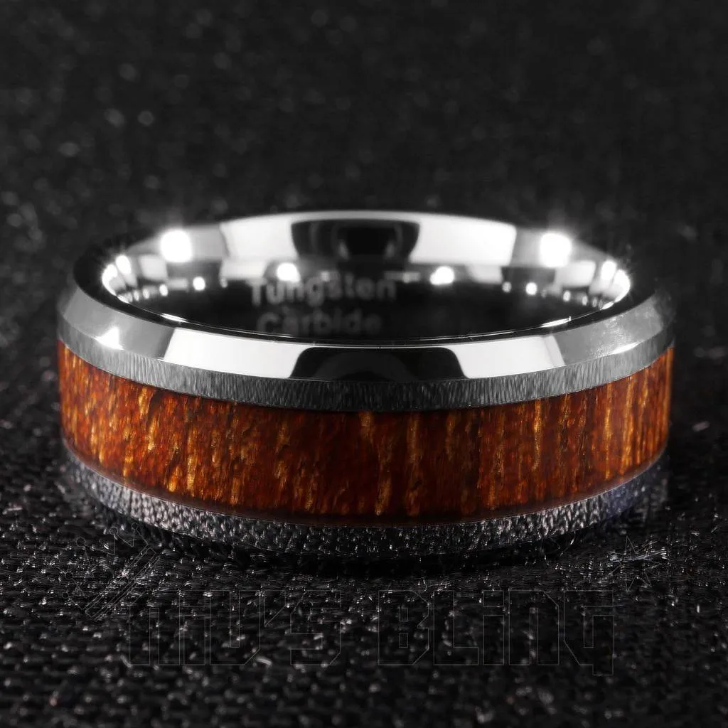 Wood Inlay Silver Tungsten Carbide Ring 8MM