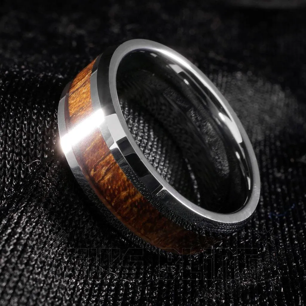 Wood Inlay Silver Tungsten Carbide Ring 8MM