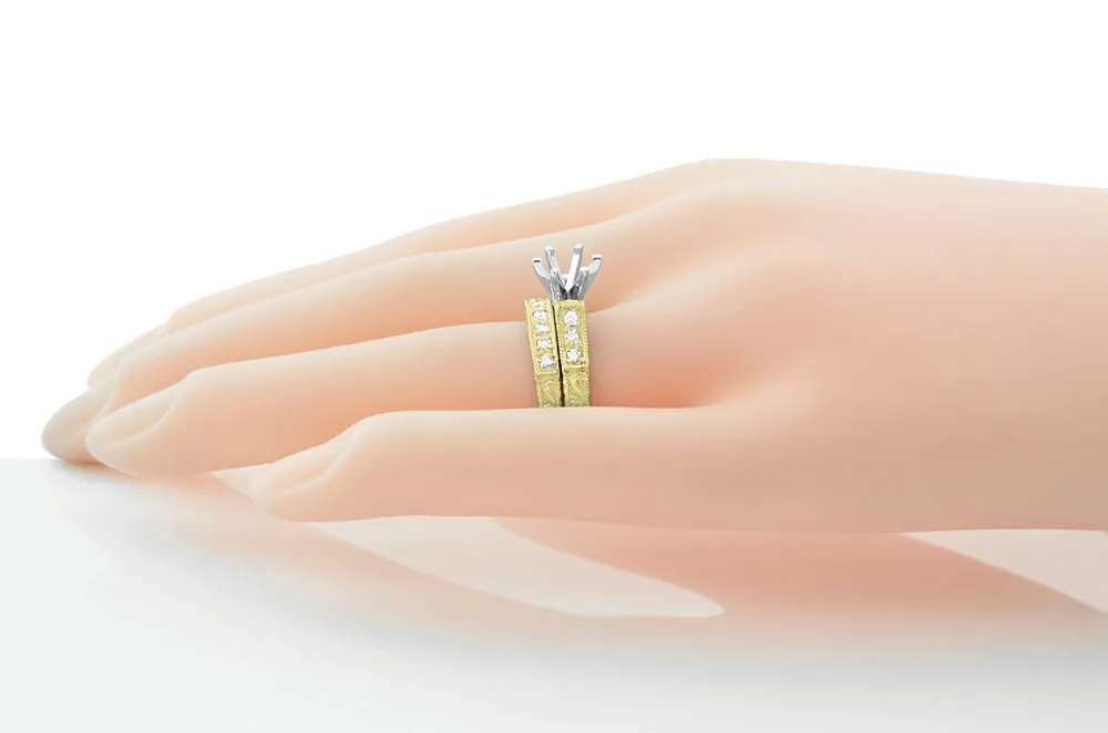 Yellow Gold Art Deco Engraved Scrolls 1 Carat Diamond Engagement Ring Setting and Matching Wedding Ring - 14K or 18K