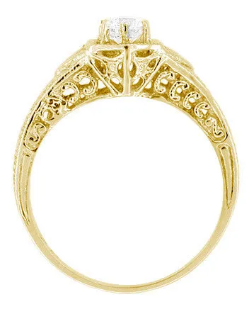 Yellow Gold Art Deco Hexagon White Sapphire Filigree Engagement Ring