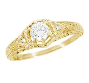Yellow Gold Art Deco Hexagon White Sapphire Filigree Engagement Ring