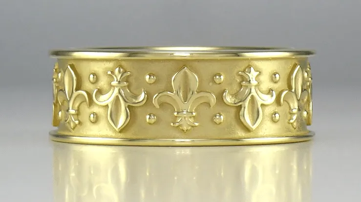 Yellow Gold Sculptural Antique Style Fleur-de-Lis Wedding Band - 8mm Wide
