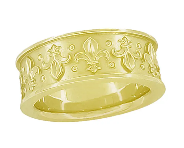 Yellow Gold Sculptural Antique Style Fleur-de-Lis Wedding Band - 8mm Wide