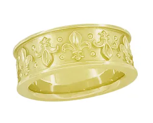 Yellow Gold Sculptural Antique Style Fleur-de-Lis Wedding Band - 8mm Wide