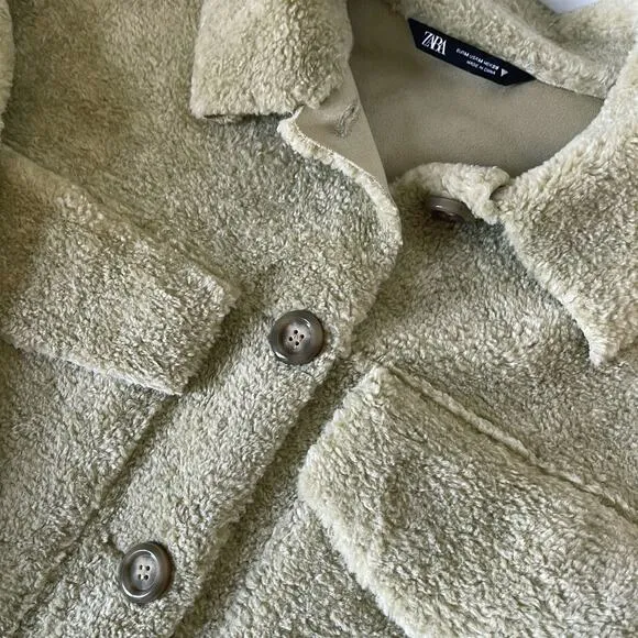 ZARA Shearling Terry Faux Overshirt Shacket in Tan Light Green Size M