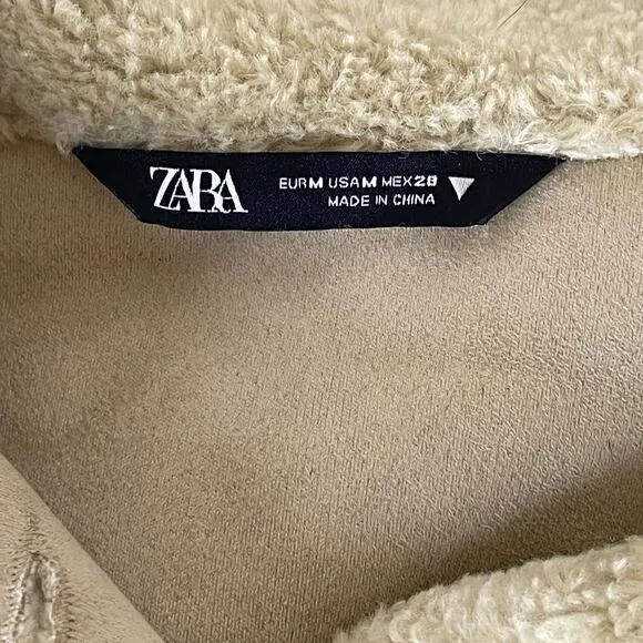ZARA Shearling Terry Faux Overshirt Shacket in Tan Light Green Size M