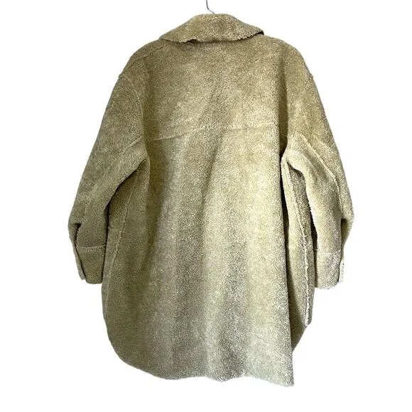 ZARA Shearling Terry Faux Overshirt Shacket in Tan Light Green Size M