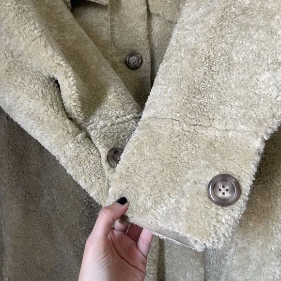 ZARA Shearling Terry Faux Overshirt Shacket in Tan Light Green Size M