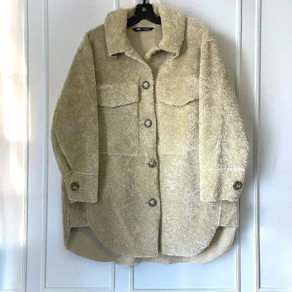 ZARA Shearling Terry Faux Overshirt Shacket in Tan Light Green Size M