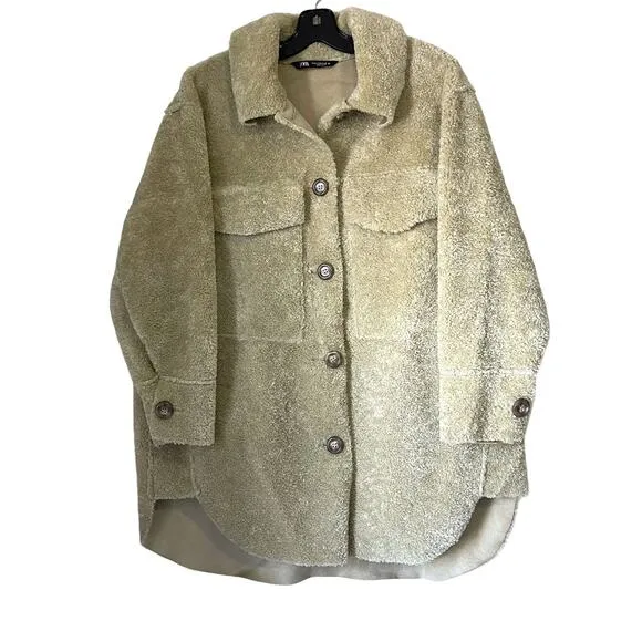 ZARA Shearling Terry Faux Overshirt Shacket in Tan Light Green Size M