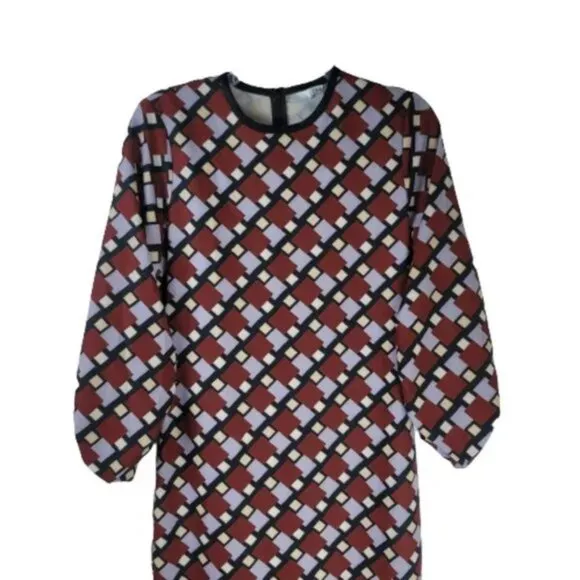 Zara Women Geometric Print Long Sleeve Midi Dress